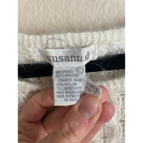 VTG Susann D Cable Knit Angora Lambswool Blend Sweater 90s L White Fisherman - Picture 2 of 4